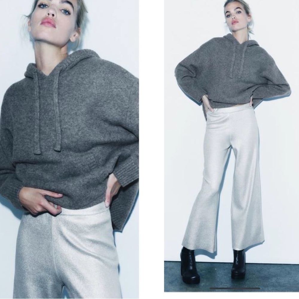ZARA KNIT METALLIC FOIL SILVER WIDE LEG TROUSERS PANTS BNWT Sz M Bloggers Fave - Picture 4 of 17